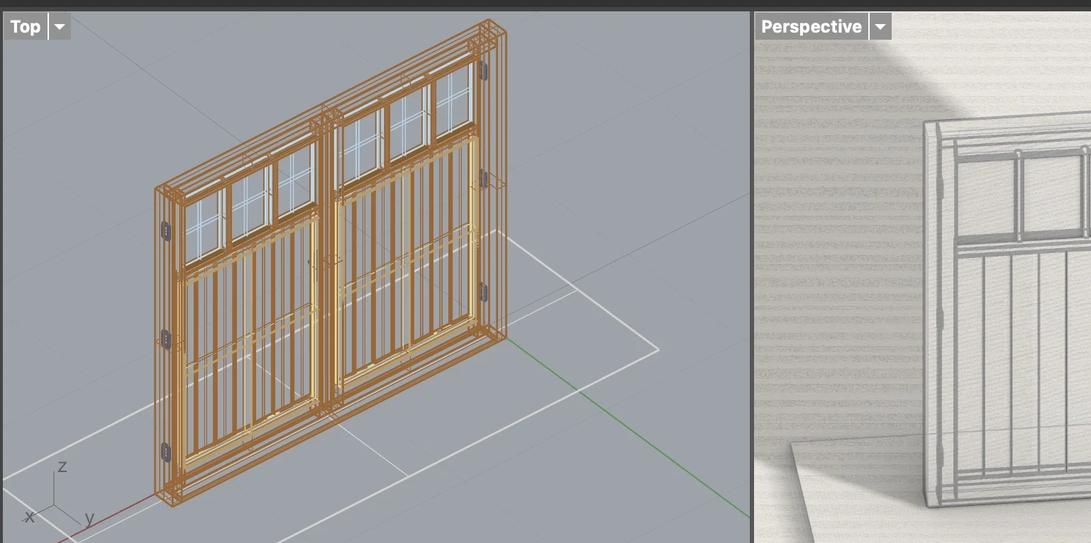 Het garagedeurmodel in Rhino, met bovenaanzicht en perspectief naast elkaar